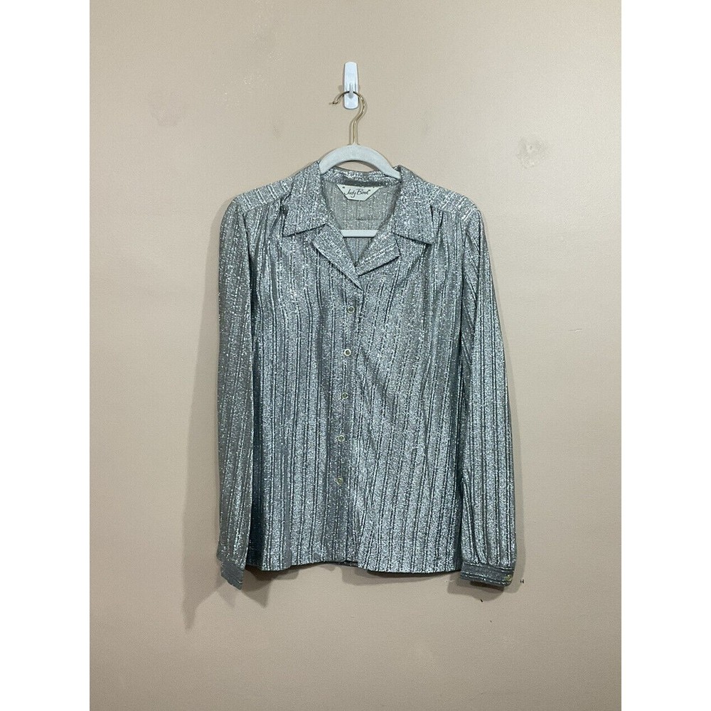 VTG Womens Shimmery Button Down Shirt Silver Disco Sparkly Glam Party Size 16